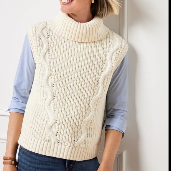 Talbots plus size 1X convertible, cowl, neck, cable knit vest ivory NWOT sailor - Picture 1 of 9